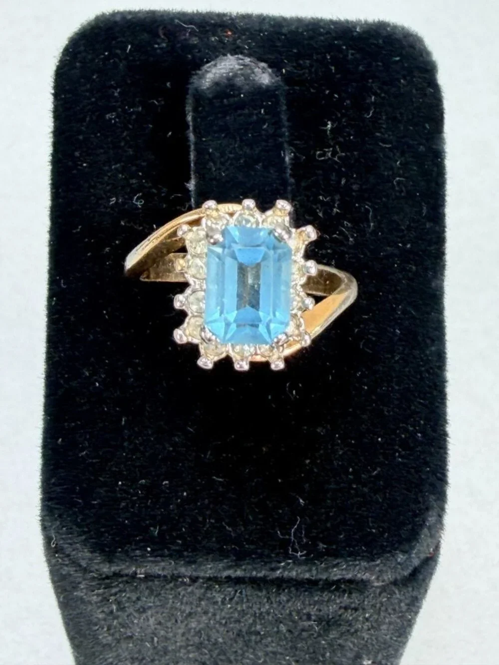 Vintage Stunning Blue Emerald Cut Halo Cocktail Ring Gold Tone Statement